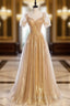 Gold Tulle Sequins Square Short Sleeve Pearls Prom Dress