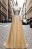 Gold Tulle V-neck Beading Sequins Prom Dress
