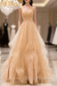 Gold V-Neck Tulle Long Prom Dress, A-Line Evening Dress