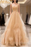 Gold V Neck Tulle Long Prom Dress, A Line Prom Dress