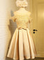 Golden Satin Lace Off Shoulder Short Homecoming Dress Knee Length Prom Dress