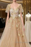 Golden Short Sleeves A-Line Tulle Prom Dresses