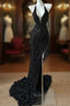 Gorgeous Black Sequin Mermaid Spaghetti Strap Vling Prom Dresses Long Backless Prom Dresses