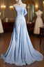 Gorgeous Blue A-Line Chiffon Pleated One Shoulder Slit Long Prom Gown Ball Gown Wedding Dresses