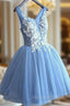Gorgeous Blue Short Homecoming Dress V Neck Lace-Up Hoco Dress