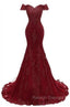 Gorgeous Burgundy Prom Party Gowns| Mermaid Lace Evening Gowns