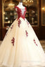Gorgeous Champagne Tulle Long Sweet 16 Dress with Red Lace, Formal Gown