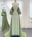 Gorgeous Green Strapless Beaded Cape Satin Train Formal Prom Dress