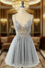 Gorgeous Grey Homecoming Dresses A Line Spaghetti Straps Short Prom Dresses with Beading