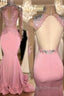 Gorgeous High-Neck Backless Pink Prom Prom GownMermaid With Lace Appliques