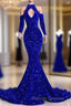 Gorgeous High Neck Long Sleeve Royal Blue Prom Dresses Sequins Party Dress
