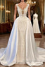 Gorgeous Long Mermaid V Neck Lace Wedding Dress with Satin Detachable Train