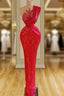 Gorgeous Long Red Mermaid One Shoulder Lace Sequined Sleeveless Prom Dress