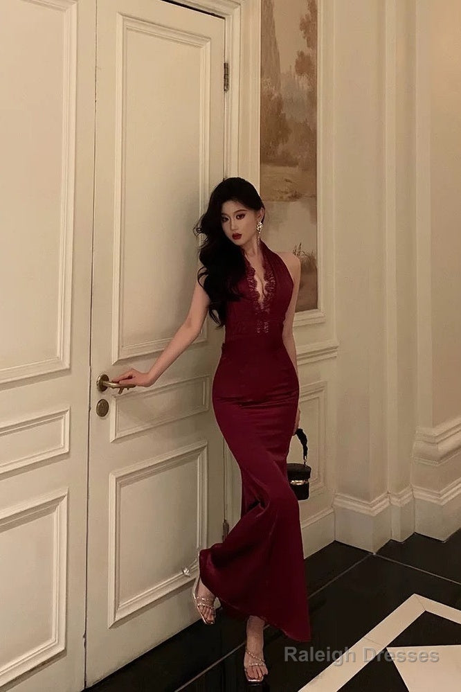 Romantic Burgundy Strapless V-Neck Lace Evening Dresses Mermaid Sheath With Gloves