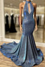 Gorgeous Navy Blue Long Mermaid V Neck Prom Dress Spaghetti-Straps