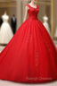 Gorgeous Red Tulle Ball Gown Long Formal Dress with Lace Flowers, Red Sweet 16 Dresses