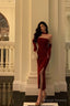 Gorgeous Sheath Strapless Burgundy Date Night Dresses Tulle Prom Dress With Gloves Prom Dresses Birthday Outfits