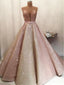 Gorgeous Shiny Rose Gold Satin Strapless Ball Gown Formal Prom Dress
