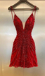 Gorgeous Spaghetti Straps Sequin Beaded Cocktail Dresses Red Mini Birthday Outfits Homecoming Dresses