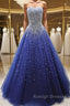 Gorgeous Strapless Blue Tulle Beaded Long Prom Dresses, Beaded Blue Formal Evening Dresses, Beaded Ball Gown