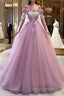 Gorgeous Tulle Off Shoulder Flowers Lace-Up Long Prom Dresses Pink Prom Dresses