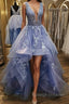 Gorgeous V Neck and V Back Blue Tulle Lace Long Prom Dresses, Puffy Blue Lace Formal Evening Dresses