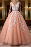 Gorgeous V Neck Open Back Coral Lace Floral Long Prom Dress, Coral Lace Formal Dress, Coral Evening Dress with Appliques