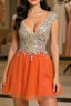 Gorgeous V Neck Open Back Orange Short Prom Homecoming Dresses, Short Orange Formal Evening Dresses