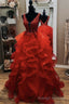 Gorgeous V Neck Open Back Red Lace Long Prom Dress,Formal Prom Dress,Red Ball Gowns Prom Dresses