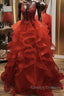Gorgeous V Neck Open Back Red Lace Long Prom Dress, Red Lace Formal Evening Dress, Red Ball Gown