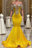 Gorgeous Yellow Long Mermaid Tassel Off the Shoulder Satin Backless Prom Dress with Ruffles