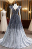 Gradation Gray Tulle V Neck Beading Prom Dress