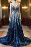 Gradient Blue A-Line Spaghetti Straps Sequins Long Prom Dress V-Neck Evening Gown