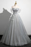 Gray A Line Off the Shoulder Tulle Prom Dresses Lovely Corset Floor Length Prom Dresses