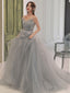 Gray A Line Tulle Lace Long Prom Dress Gray Formal Dress