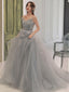 Gray A-Line Tulle Lace Prom Dresses Long Gray Prom Dresses