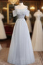 Gray A line Tulle Long Prom Dress, Gray Formal Bridesmaid Dress