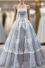 Gray Ball Gown Tulle Appliques Embroidery Strapless Prom Dress