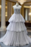 Gray Ball Gowns Tulle High Neck Backless Cap Sleeve Prom Dress With Pearls