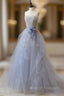 Gray Blue Lace Long Prom Dresses Strapless Prom Dresses