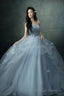 Gray Blue Strapless Tulle Long Prom Dress, Beautiful A-Line Evening Party Dress