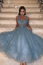 Gray Blue Tulle Lace Formal Dress Prom Dress Tulle Lace Prom Dress