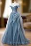 Gray Blue Tulle Lace Long Prom Dresses Gray Blue Prom Dresses