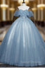 Gray Blue Tulle Lace Long Prom Dress, Gray Blue Tulle Evening Dress