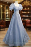 Gray Blue Tulle Long Prom Dress, Gray Blue Tulle Formal Evening Dresses