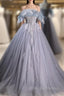 Gray Blue Tulle Sequins Strapless Feather Prom Dress