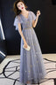 Gray Blue V Neck Tulle Long Prom Dresses Tulle Bridesmaid Dresses