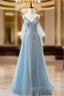 Gray Blue V Neck Tulle Sequin Long Prom Dresses Blue Prom Dresses