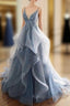 Gray Evening Dresses Tulle V-neck Ruffles Long Spaghetti Lace Beading Prom Party Gowns