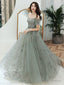 Gray Green Tulle Lace Prom Dresses Long Gray Green Prom Dresses